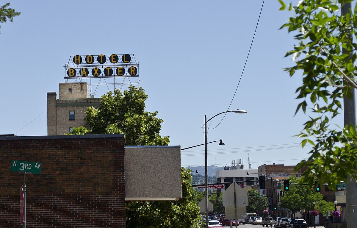 The Hotel Baxter sign over Main Street in downtown Bozeman, Montana