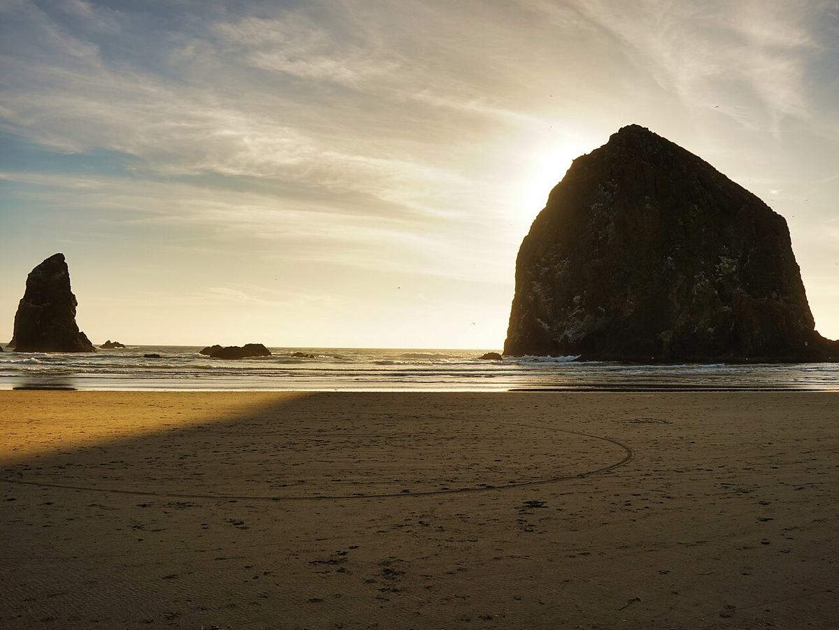 Haystack Rock and the Needles at Cannon Beach just before sunset