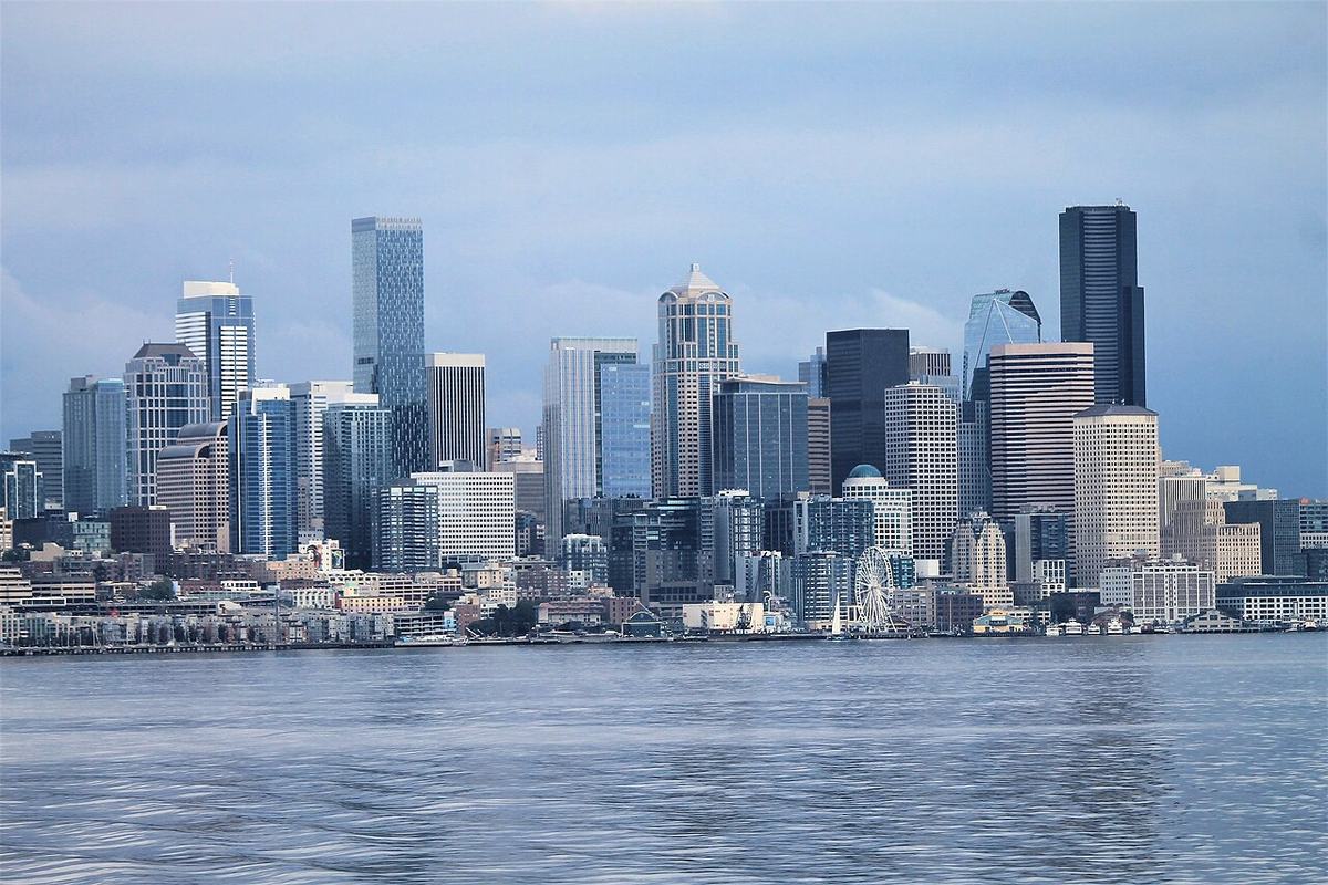 The Seattle skyline seen from a Washington State Ferry crossing Puget Sound